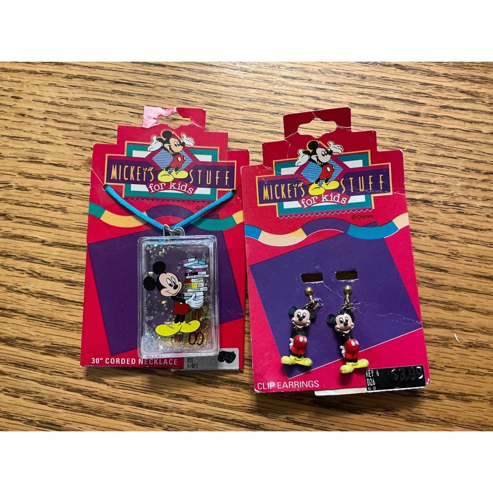 Vintage Disney Mickey Mouse Jewelry Set Necklace and Clip On Earrings NIP 90s